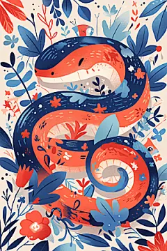 扁平风蛇年手绘色块插画