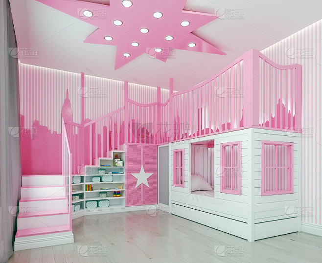 现代室内设计儿童卧室，粉色，女孩房间，游...