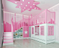 现代室内设计儿童卧室，粉色，女孩房间，游戏室，双人床和楼梯与城市装饰条纹墙，3d渲染
