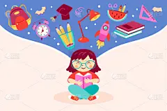 回到学校的概念与可爱的女孩阅读书籍和学校元素。用于卡片、海报、邀请函和横幅的幼稚印刷品。病媒图解