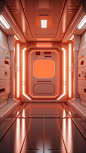 Retrowave backdrop, inside spaceship, industrial, in the style of octane render, neon-infused digitalism, dark white and light orange, ue5, tagging-like marks, industrial design, analog