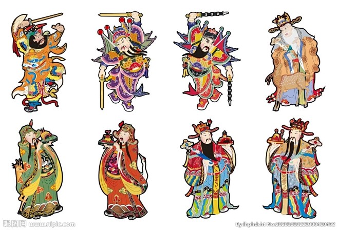 8款中国传统门神财神年画矢量