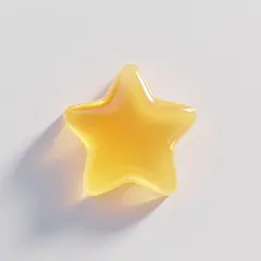 一个明亮的黄色五角星，具有光滑的3D质感和半透明的果冻效果，表面有柔和的高光和渐变色彩，边缘圆润，整体呈现出饱满的立体感，放置在纯白色背景上，光线从左上方照射，在底部形成轻微的阴影，营造出清新、活泼且略带梦幻的氛围。