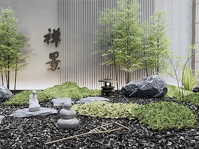 新中式禅意庭院景观小品 枯山水 石头 流水小品 苔藓植物 竹子-花瓣网