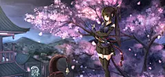 夜晚，屋顶，树，女孩，武士刀，动漫壁纸