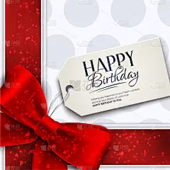 矢量生日卡与红丝带和生日文本标签。