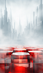 red square on white background with square red border, in the style of bokeh panorama, futuristic imagery, uhd image, mist, faceted shapes, piles/stacks, mechanized forms