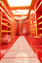 red and gold color scheme, scene, shelves, spatiality, lighting, c4d, rendering effect