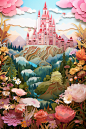 prompt: Craft a paper cut landscape capturing the enchanting charm of a fairy-tale castle perched atop a hill, surrounded by lush greenery and blooming flowers --ar 2:3