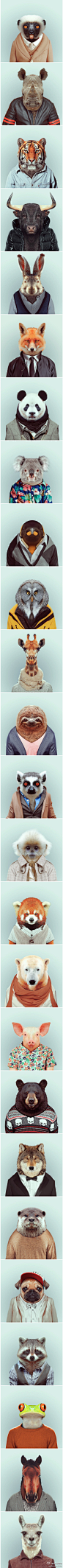 【1.2.3 茄子！】动物穿上人类的毛衣、衬衫会是什么样子？西班牙摄影师Yago Partal将动物的头像与人类的上半身拼合在一起，好像每个动物都在为身份证拍证件照，幽默地展现出不同动物的个性风格。「转」