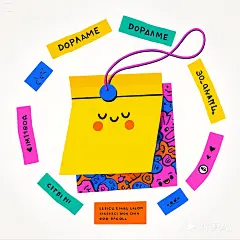 艺术插画，扁平风格，手绘风格，大胆的粗线条，多巴胺纯色块，Q萌带绳的便利签，元素贴纸，涂鸦艺术，混合图案，文字和表情符号，矢量设计，简单的卡通平面插画，造型简单