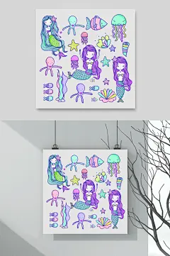 唯美简约手绘创意紫美人鱼矢量素材