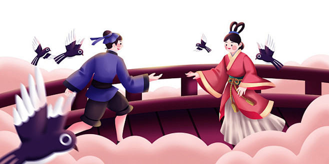 情侣七夕人物七夕节鹊桥牛郎织女云层喜鹊P...