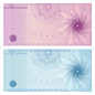 礼品证书，优惠券，优惠券模板 guilloche 模式 （水印），边界。背景的钞票、 钱设计、 货币、 注意、 支票 （支票）、 机票、 奖励。蓝色、 紫色的颜色。矢量