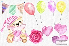 手绘水彩可爱卡通泰迪熊生日邀请函贺卡海报派对装饰PNG免抠素材-淘宝网