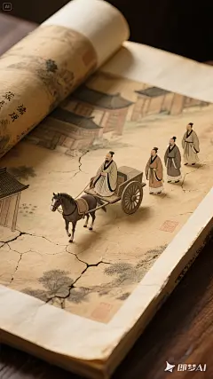 主体对象 一本展开的古画卷 古画卷内呈现的内容 一片微型春秋鲁国，有古代马车，孔子乘坐周游列国，颜回、子路、子贡、曾参紧随其后 古画卷的外观状态 表面已经开裂和风化，呈现出年代感和历史感 与文字描述的