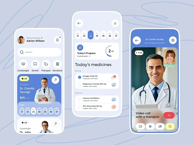 远程医疗重新定义 – 现代医疗应用程序 UI 概念应用程序设计生物技术诊所医生健康健康追踪医疗保健健康技术医院医疗保健医疗追踪应用程序医学移动 ...