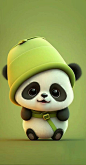 a panda bear wearing a green hat and sitting down