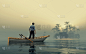 夕阳西下时，一个人站在小船上眺望远处的小岛。这是一个3d渲染图