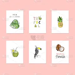 水果,动物,标签,鸡尾酒,动物手,贺卡,热带气候,椰子,绘制,画画