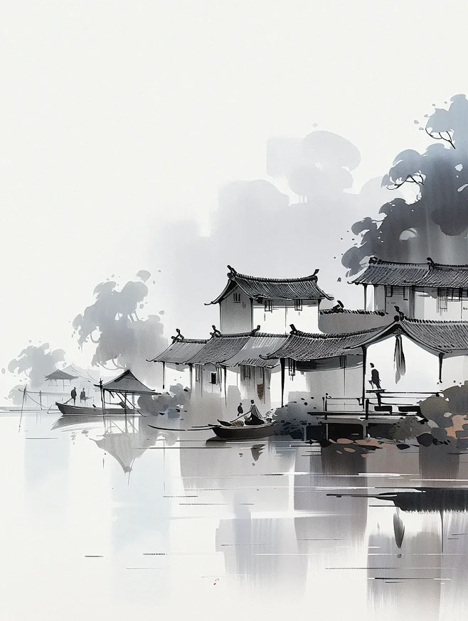 写意江南水乡青泉烟雨，中国古代乡村风光，鸟瞰全景海报-花瓣网