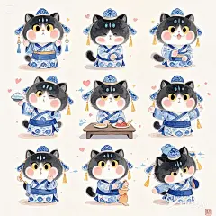 jimeng-2025-03-28-185-风格_ Q版可爱，萌系，高级感，梦幻感    角色_ 小猫（小巧玲珑，眼神灵动）    服饰_ 青花瓷色汉服，袖口和裙摆有流苏设计，古典精致    构图_ 