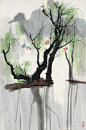 吴冠中《春柳》--- 吴冠中的油画充满了浓郁的中国文化诗情和神韵，从早年秀丽的江南风景到晚年的抽象线条，用最简单的点、线、面、色之间富有节奏和韵律的形式架构，表现出幽远的意境。