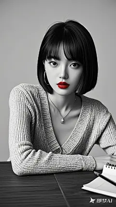 桌上, 最好的质量, 真实感, 非常详细, 精细地, 高分辨率, 8K 壁纸, RAW 照片, 专业的, 细节丰富, 1 名女孩, (((黑白摄影))), (((红唇))), ((看着相机)), (期