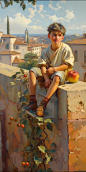 14th century renaissance era, a smiling kid eating an apple sitting on a roof top over looking rome`s beautiful architecture, fountains, statues, artistic painting