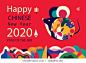 Happy New Year 2020 vector logo design. Happy new year with cute mouse rat in folk style. Chinese New Year. Cover of design for 2020. Calendar design, brochure, catalog, card, banner, wallpaper.