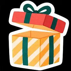 一个水彩风格的礼物盒插画，白色背景，盒子主体为橙黄色，表面有斜向的白色条纹装饰，顶部为红色盖子，系着一个深绿色的蝴蝶结，整体线条圆润，边缘有淡淡的阴影效果，呈现出可爱的卡通贴纸质感，礼物盒造型变换为打开状态，盒盖微微掀起，露出内部部分内容物的暗示。