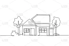 单行连续画绿色生态简朴的村舍.房屋建筑隔离了简约主义的概念.基于白背景的动态单行绘图图形设计矢量图