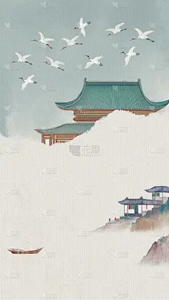 中国风系列国风宫殿白鹭小船背景