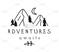 手绘山标志集。滑雪胜地矢量图标，涂鸦元素。伟大户外标志孤立，旅游标签