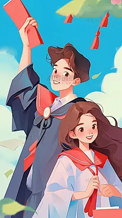 扁平风毕业季学士帽毕业学生致青春插画