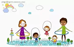 玩呼啦圈跳绳的一家人卡通画PSD分层素材|爸爸|插画|孩子|呼啦圈|健身|卡通|卡通人物|妈妈|漫画人物|手绘|树木|一家人