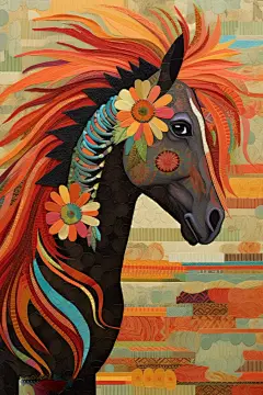 抽象时尚装饰画彩色马拼贴画插画