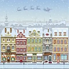 圣诞贺卡的城市景观和降雪。