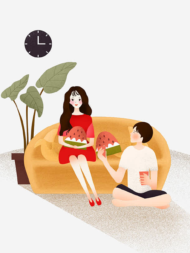 卡通手绘夏季情侣插画