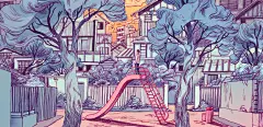 线条颜色也各不相同。Thomke Meyer是一位德国的漫画家，插画家，
她的作品在沉稳的色调下
又喜用橙色系做十分注目的点亮，
她的作品在写实造型的基础上
添加了很多带有幻想的成分，
流动而充满张力的线条极大地
增加了画面紧张的气氛和视觉感染力