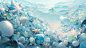 蓝色和绿色的海贝壳和散落的珍珠梦幻唯美3D图插画_插画编号137640