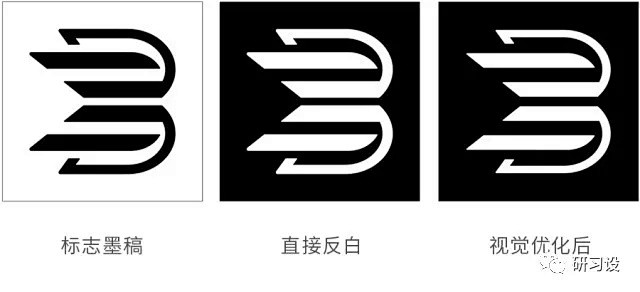 上图是logo设计中的墨稿与反白稿，logo设计中的反白稿并不是直接将墨稿填充白色而已，因为白色的logo在视觉上会显得更粗，为了平衡这种视觉 ...