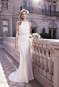 Brides.com: Wedding Dresses We Love For Under $1,500. For height extremes, a halter column makes shorter brides look long and lean and tall ones willowy and model-esque.   Style 2128, satin halter wedding dress with beaded silk-ribbon sash, $965, Casablan