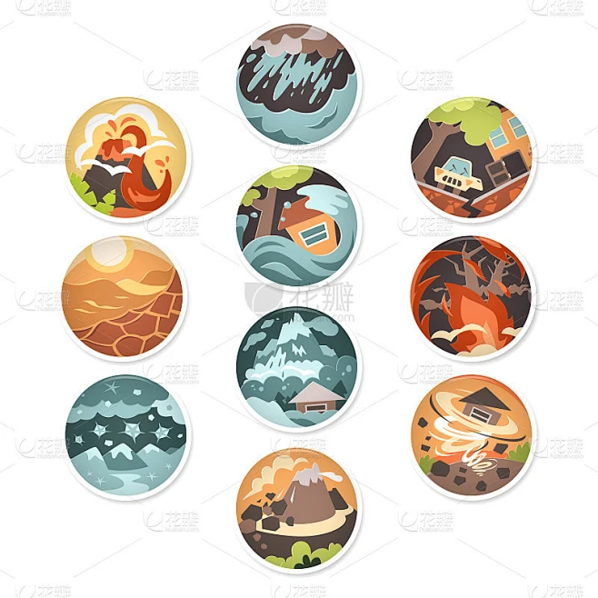 自然灾害矢量插图集-极端天气条件-大灾难，大灾变。洪水、雪崩、飓风。素材-花瓣网