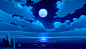 满月的夜晚海洋卡通插图