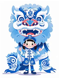 一个中国小女孩站在舞狮前 青花瓷海报