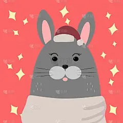 斯堪的纳维亚风格的动物戴着圣诞老人的帽子。新年儿童插图。和兔子女孩的温馨图案。