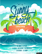 阳光沙滩 沙滩 棕榈树 滑板冲浪 手绘 旅游