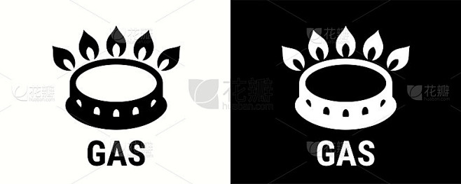 煤气灶图标、灶台滚轴或灶具矢量符号。燃气火火焰图标适用于炊具平底锅和煎锅表面使用，烹饪炉排和加热标志
