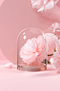 pink peony with a glass dome under a glass vase on pink background, mockup рокосоналниаи, in the style of dreamlike installations, duy huynh, paper sculptures, soft tonal range, industrial and product design, cute and dreamy, installation-based